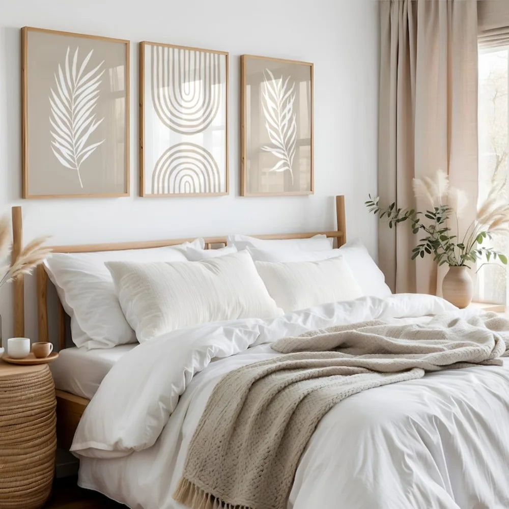 Quadro Decorativo Boho com Folhas e Arco Abstrato em sala decorada