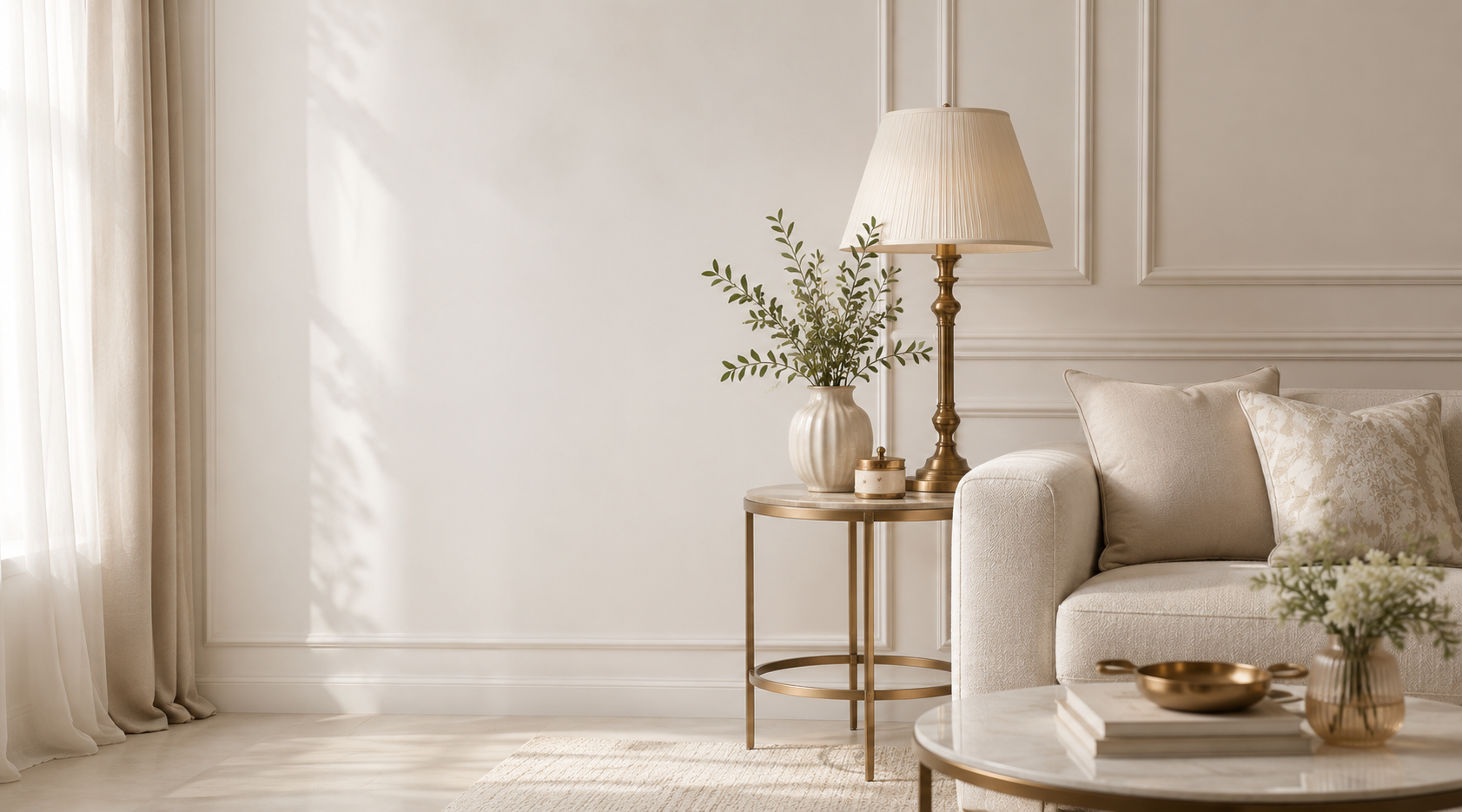 Decoração elegante para sala com sofá claro, luminária dourada e composição acolhedora da Viorenna Maison Decor