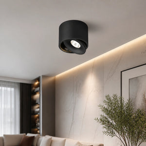 Spot de teto LED de sobrepor preto instalado em sala contemporânea