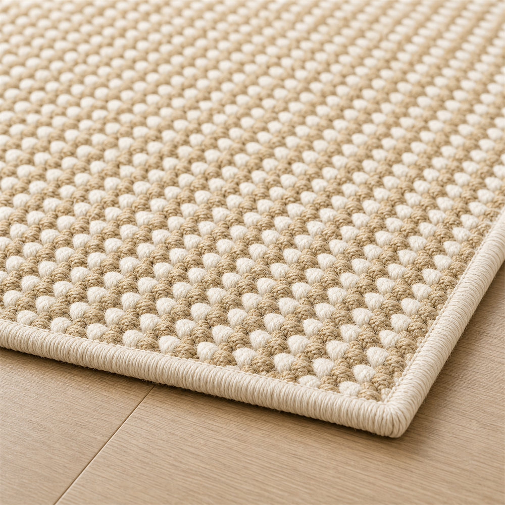 Detalhe de borda e acabamento do Tapete de Sisal para Sala Grande Antiderrapante – Viorenna