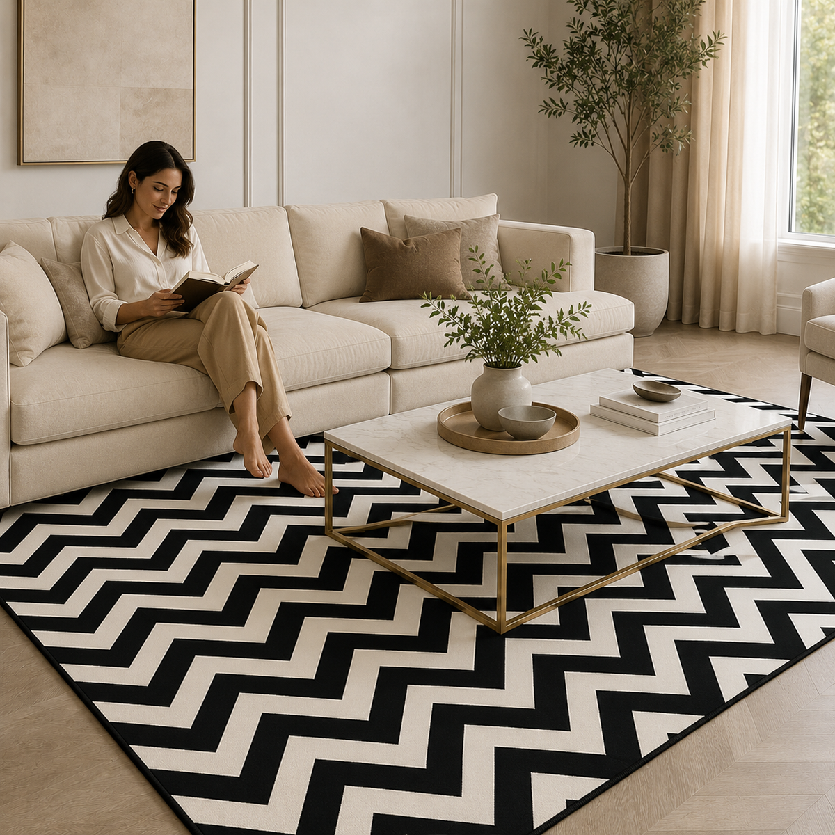 Tapete Minimalista para Sala Grande para Sofá e Mesa de Centro em uso real no ambiente – Viorenna