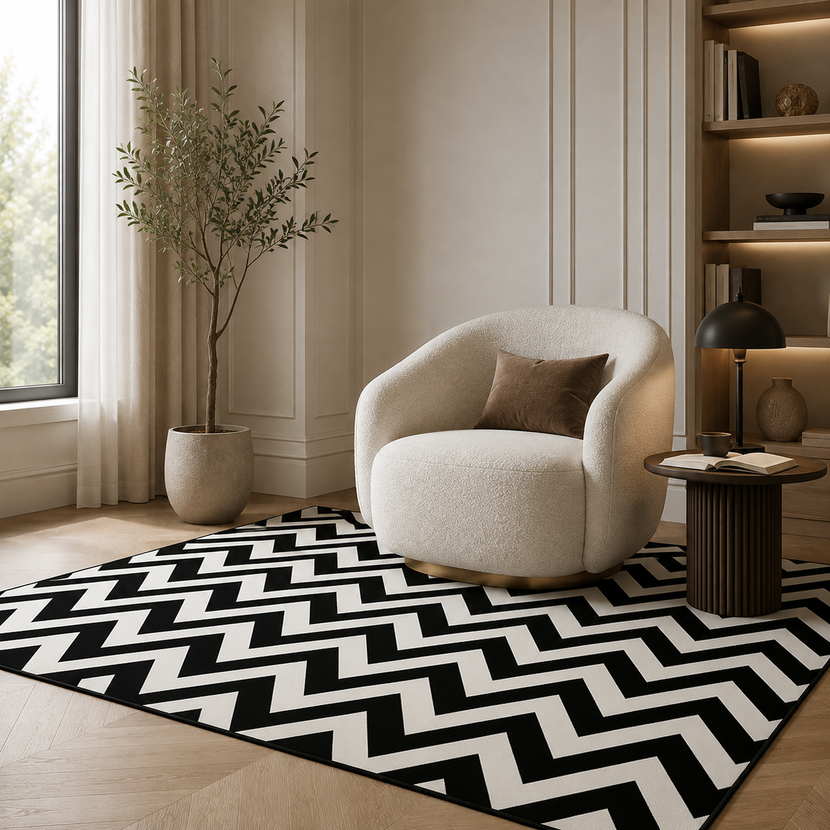 Detalhe de estrutura e acabamento do Tapete Minimalista para Sala Grande para Sofá e Mesa de Centro – Viorenna