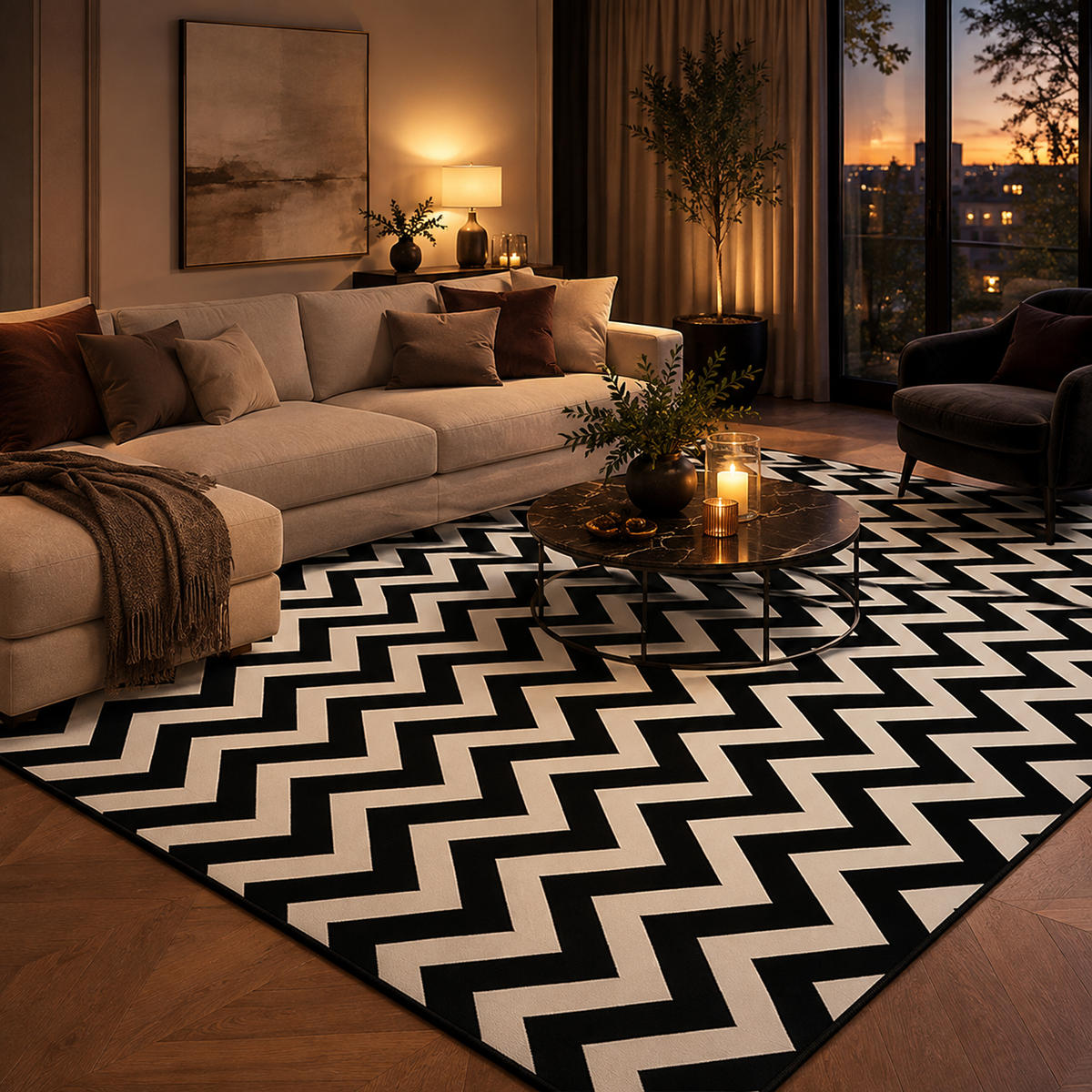 Variante do Tapete Minimalista para Sala Grande para Sofá e Mesa de Centro em contexto de uso – Viorenna