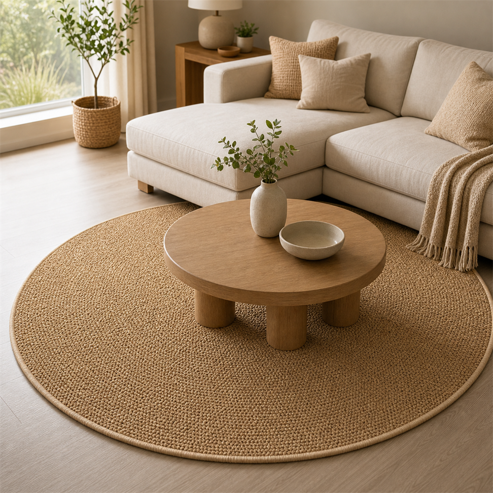 Tapete redondo de sisal valorizando a composição da sala – Viorenna