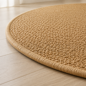Detalhe da borda e acabamento do tapete redondo de sisal – Viorenna