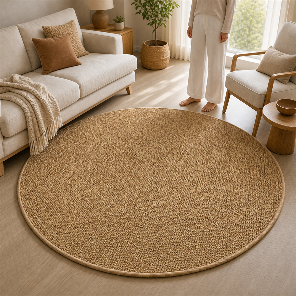 Tapete redondo de sisal mostrando escala no ambiente – Viorenna
