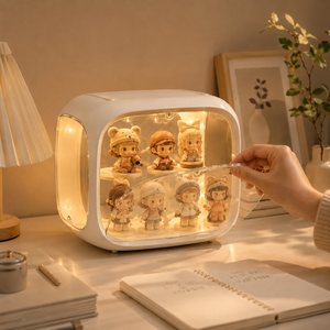 Expositor com LED para Miniaturas e Blind Box criando iluminação acolhedora