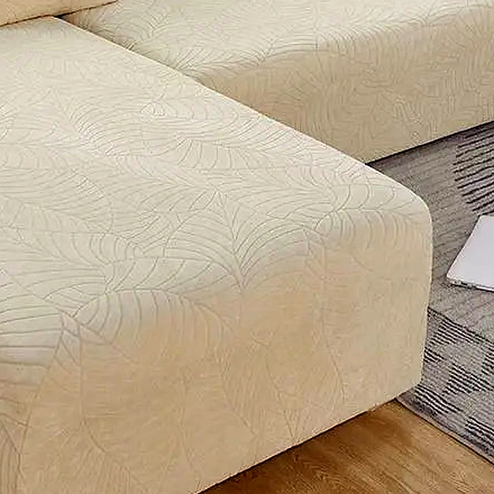Detalhe da textura jacquard de aparência aveludada da capa creme