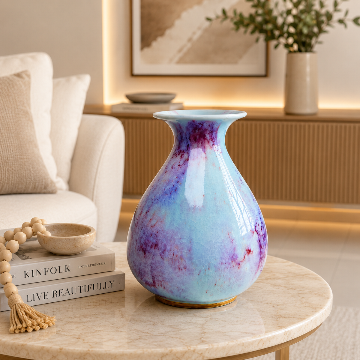 Vaso Decorativo Jade Spring Craquelado de Cerâmica para Aparador em composição decorativa