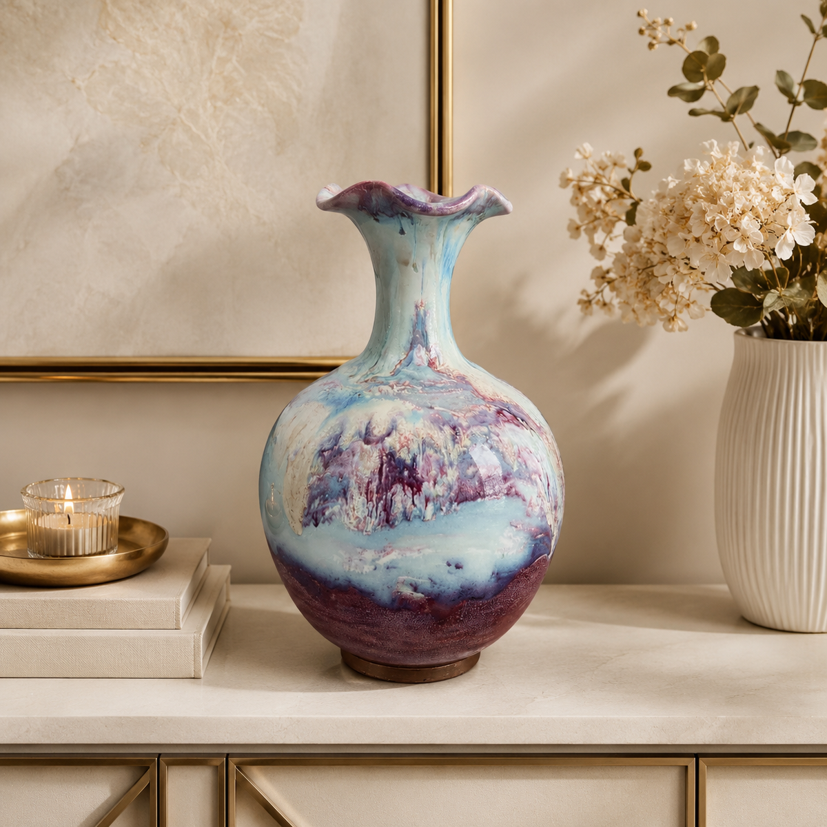 Vaso Decorativo Porcelana Jun Craquelado de Porcelana para Aparador em composição decorativa